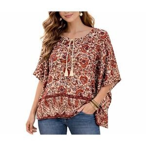 Forever 21 Red Floral Print Kaftan Kimono Tunic Top Women Size S Lagenlook Boho